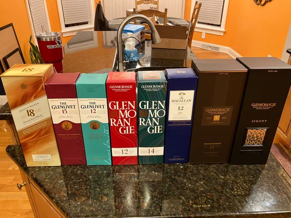 Scotch left to right in order of increasingly nice to my taste of types I actually drink here and there vs mostly store. 