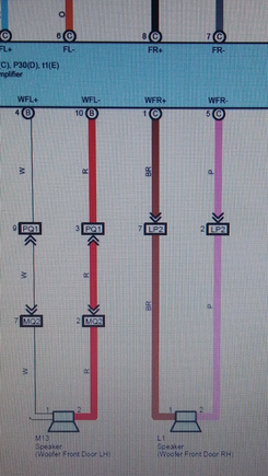 ML system. Tap the LC2 to this wires.
ML amp connector B (L front woofer): LC2 channel 1: White + Red -
ML amp connector C (R front woofer):  LC2 Channel 2: Brown + Pink -