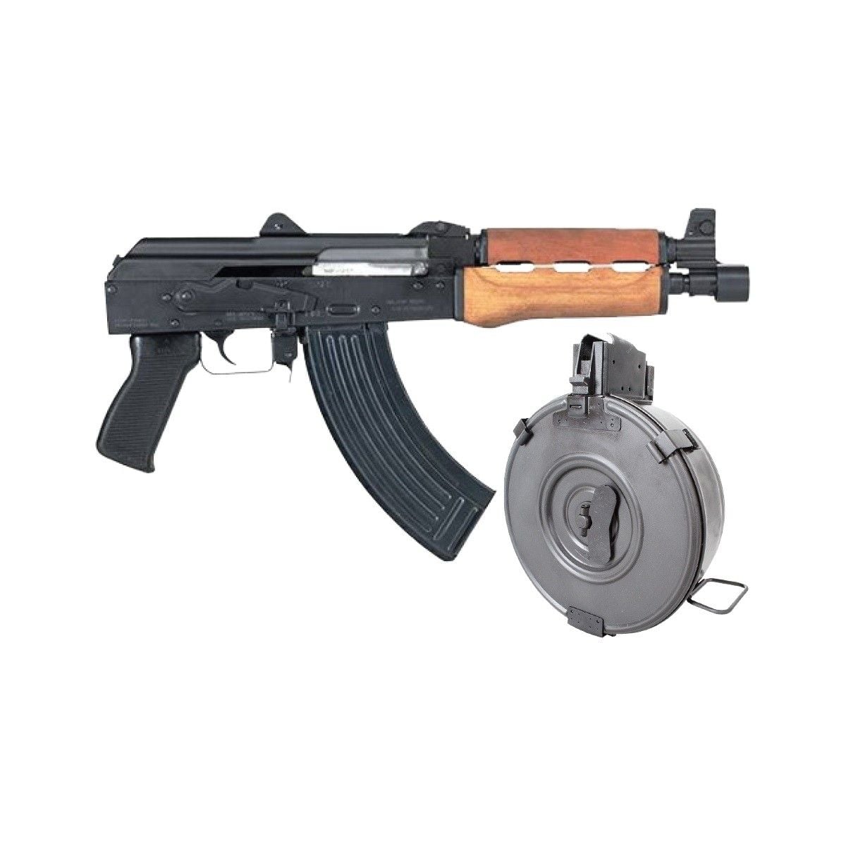 AK pistol with drum magazine.
