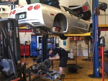 Driveline being removed at Powertech performance