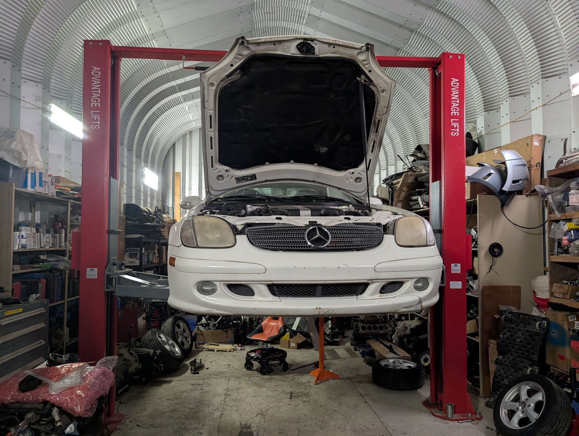 Wesley's 2003 SLK320 project.  Yes, the shop is a total mess.  