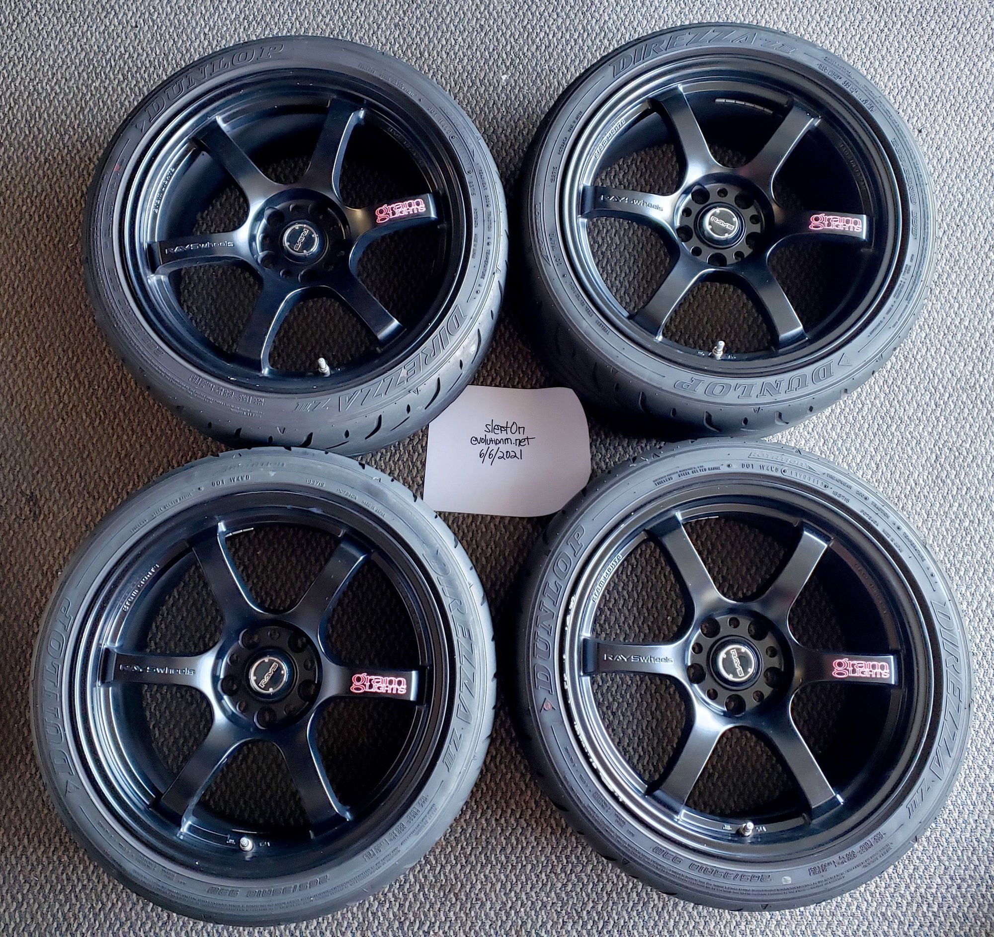 Wheels and Tires/Axles - FS: Rays Gram Lights 57DR - 18x9.5 +22 w/ Dunlop Direzza ZIII 265/35/18 - Used - 2008 to 2016 Mitsubishi Lancer Evolution - Fremont, CA 94555, United States