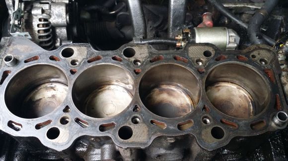 So before I put the gasket on, I did one last prep job on the block gasket surface, and cleaned debri from the bolt holes and the coolant holes and the oil holes, and also it was suggested to rub a little oil inside the piston well walls so it wont have a ruff start. So that's all done and the gasket has been placed. Please see the following pics