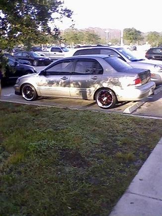 the back/side view of my lancer. slammed 2.00&quot; in the back &amp; 2.5&quot; in the front.