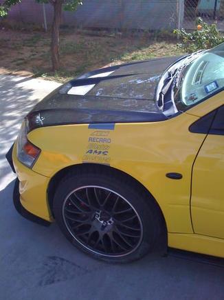 kaminari reverse cowl hood, hood pins, splitter, tenzon wheels, smoked side markers, fender decals