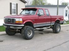 My truck. 
94 F-150
6 inch suspension lift, 3 inch body lift, 35X14.5 Pitbull Rockers on 15X12 Mickey Thompson Classics.