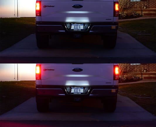 Brake/Turn Signals: LED (Left) vs Stock (Right) - Top photo is normal, Bottom photo is with them on. (Notice the ground, you can see the light spread)