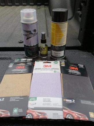 Products used to sand and paint the Tow Mirror caps