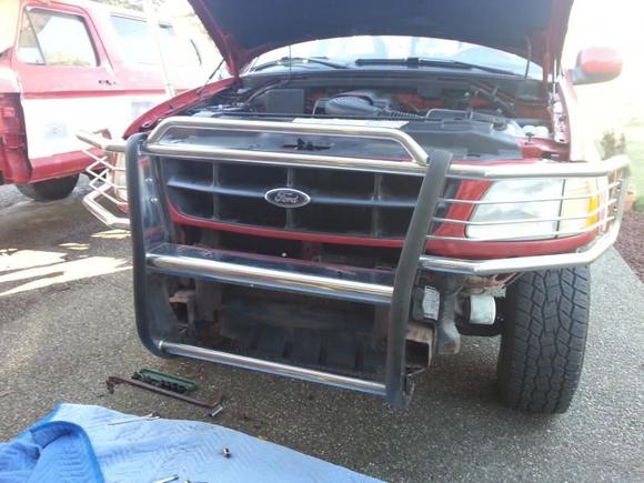 Putting the grille guard on, making sure the brackets are where I want them to be.