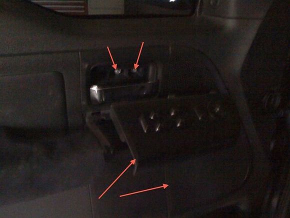pop off piece behind door handle then remove the two bolts. and pop off speaker cover and remove the four bolts holding the speaker in