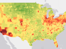 A county-by-county heat map details the distribution of childhood asthma due to nitrogen dioxide across the U.S. in 2000. Esri, DeLorme, NAVTEQ