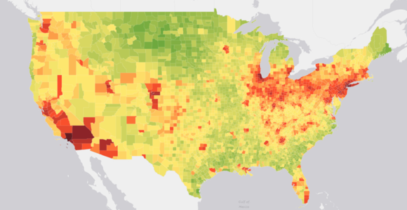A county-by-county heat map details the distribution of childhood asthma due to nitrogen dioxide across the U.S. in 2000. Esri, DeLorme, NAVTEQ