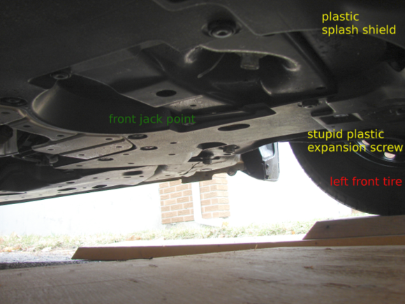 2015-2017 Honda Fit, front jack point, aft of the splash shield and front tires