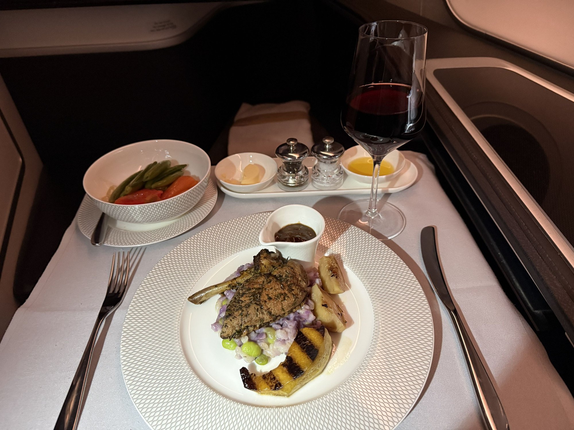 Duck main course; the crew said duck is a challenge to prepare on board for them, but theyd done a super job as it was well cooked, juicy and flavoursome. Accompaniments were similarly good, although the risotto wasnt as tasty as Id hoped.