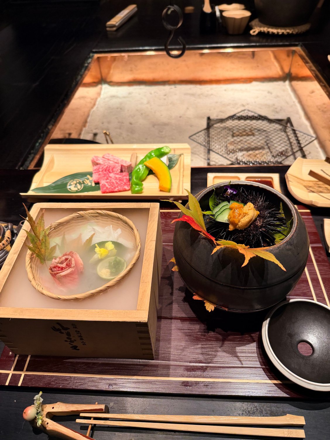 Beef sashimi and sea urchin.