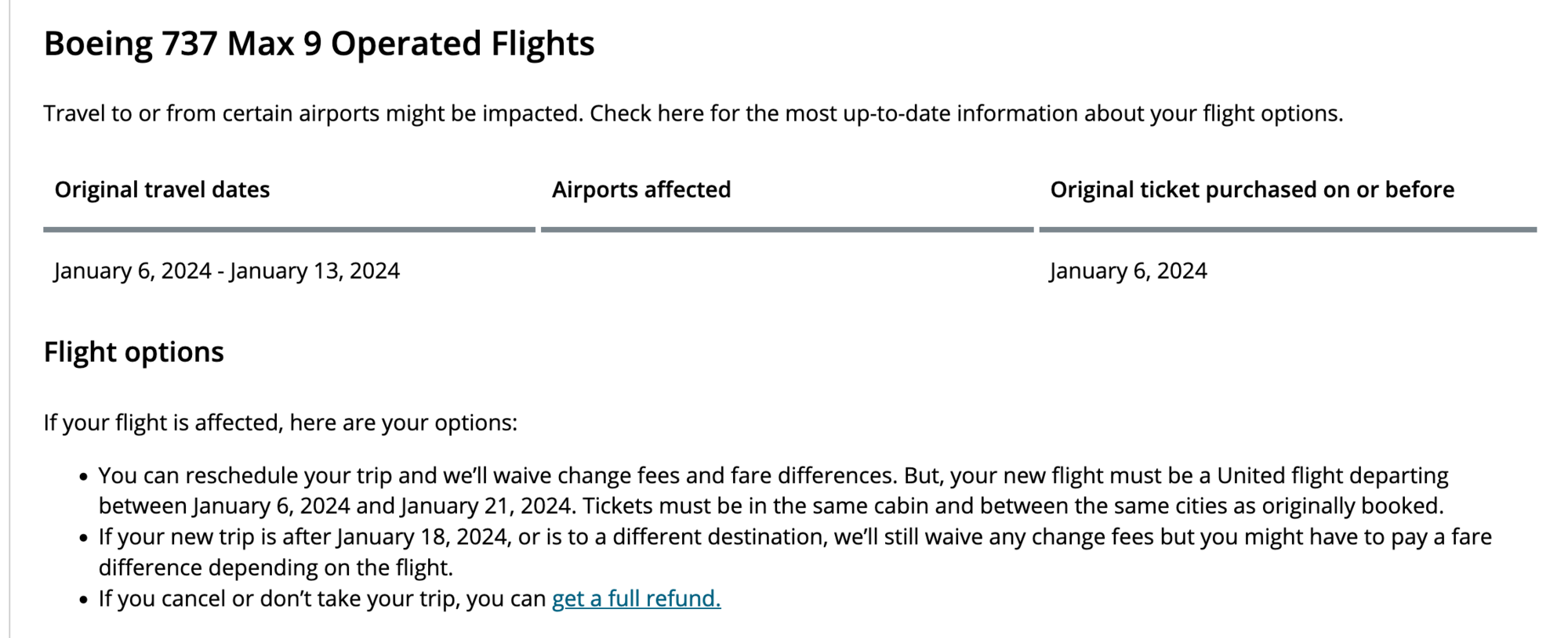 Impacts on UA from AS 737MAX9 incident Travel Waiver FAA