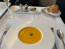 Sweet potato soup, coriander fritter, micro herbs