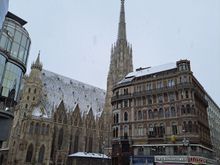 Stephansplatz 10am sunday morning. Snow just covering the tiles on the cathedral roof.