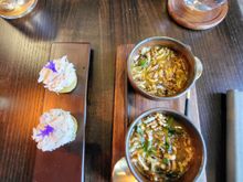On the right: cured seabass, ginger, radish, mango sauce
On the left: curried crab crumper, lemon gel