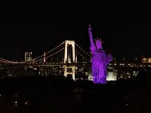 The statue of liberty illuminated at night ( changes colours through blue, red ,green)