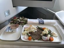 Appetizer: roast beef, pickled vegetables, and potato and mustard salad. The meat was super dry. Side salad was tasty, more varied than the one served on flights departing Helsinki. Another option was cold smoked salmon and fennel.