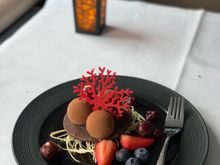 Deconstructed Black Forest. Pretty to look at but all the components seem rather stand alone. Would’ve been better if accompanied by a raspberry coulis. 