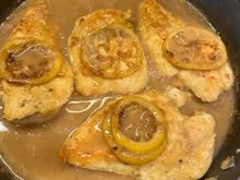 Tried my hand at NYT’s Chicken Francese -the sauce is lemon juice, chicken broth and white wine. 