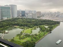 Hamarikyu garden view and looking at the Conrad in the tower to the left (with former Tsukiji market space in the distance)