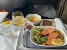 Pre-landing meal - choice was hamburger or salmon salad. The salmon was good - not overcooked. The fruit was odd and I thought that was a slice of banana bread, it wasn't, and it wasn't good either. 