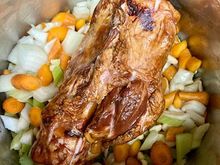 Added the veg and smoked ham shank, then Instant Potted for 20 minutes. 