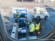 Five (5!) baggage handlers "unloading" a plane. The four people by the conveyor belt are only scanning and checking all the bags against the list. To the best of my observation, two of these people are actually scanning independently, i.e. each bags is scanned twice, by two different people.