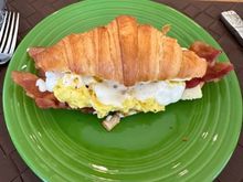 Bacon, cheese, eggs and bechamel on a croissant (see above concerning the croissants we made). 