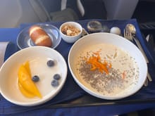I ate the 3 raspberries prior to the picture.  The first smoothie was replaced as it was frozen solid.  Didn’t taste much coconut in it… was ok once I mixed in granola and the maple syrup.  Embarrassing that this is a business class food offering.