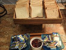 Breakfast at Kuang's Café - Bread and spreads, peanut butter tastes like Skippy