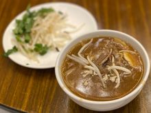 Closeup with bean sprouts and coriander to garnish 