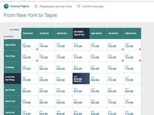 Fare matrix showing ~$900 prices
