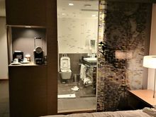 View of the bathroom from the room. 