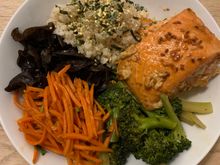 Sous vide (pan finished) salmon with broccoli, marinated carrots, wood ear mushrooms, and brown rice.
