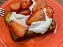 Last night’s dessert. Olive oil cake with strawberries and whipped cream. 
