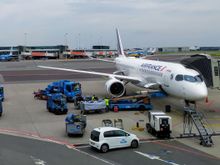 Air France Airbus A220 at the gate at Amsterdam airport 
