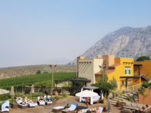 View from the restaurant's patio over the adult pool. Anarchist Mountain in the background. Smoky from the wildfires.