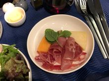 Chilled appetizer. Was very good, but would have preferred another slice of melon as the ratio of prosciutto to melon was a bit off. 
