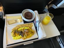 CDG to LIS This was excellent, so much so that I requested another and the flight attendant obliged! Shrimp on Curry mashed potatoes. Shrimp were perfectly cooked and juicy. It was a cold dish but stellar. Really enjoyed it.
