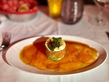 Smoked Scottish Salmon Carpaccio with avocado and ricotta ponzu and truffle dressing - the Ponzu was a bit too salty 8/10