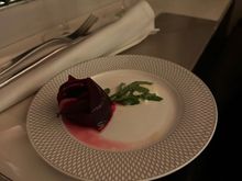 Amuse bouche after take off. Basically just beets and cheese. We opted to have these to start and delay dining for about 90 minutes. 