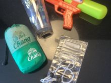 Water pistol, phone pouch, keep cup and towel.