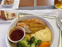 My luck continued with getting the last Corn Fed Chicken Breast with cauliflower mash, roasted broccoli with rosemary tomato sauce (so many had pre-ordered this), which was delicious. It was the juiciest chicken I've ever had on a plane.