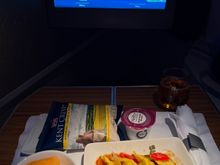 I was also lucky enough to get the far more popular light meal option, Chicken and Vegetable Gyoza. Again delicious. The sauce was pretty spicy - definitely the max level I could tolerate on a plane (stomach is more sensitive). The dessert was chocolate mousse with some raspberry coulis at the bottom. Really good.