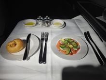 Love this pre landing appetizers of salmon and crab 