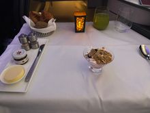 Breakfast appetizer.   They began breakfast 2 hours prior to landing.